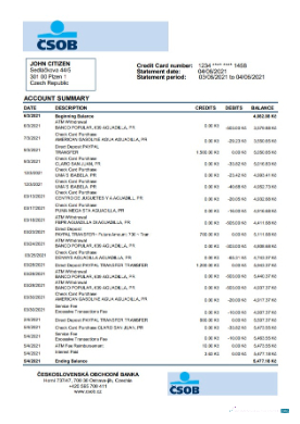 Download Czech Republic Československá Obchodní Banka bank statement excel Photoshop template